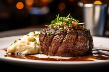 Close up of Filet Mignon with Mashed Potatoes and Gravy