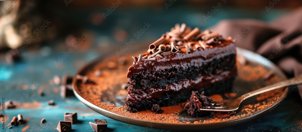 Poster piece of delicious fresh homemade chocolate sponge cake on wooden table. with copy space image. plac