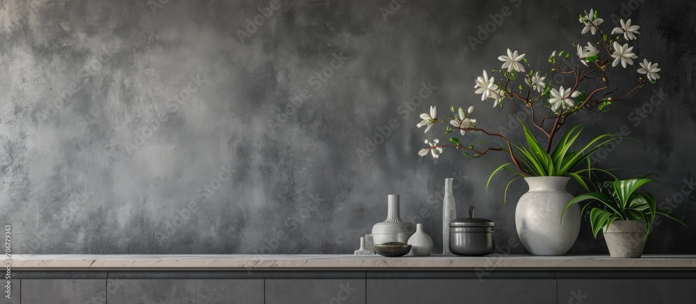 Aufkleber sideboard in front of a grey wall with art objects. with copy space image. place for adding text or 