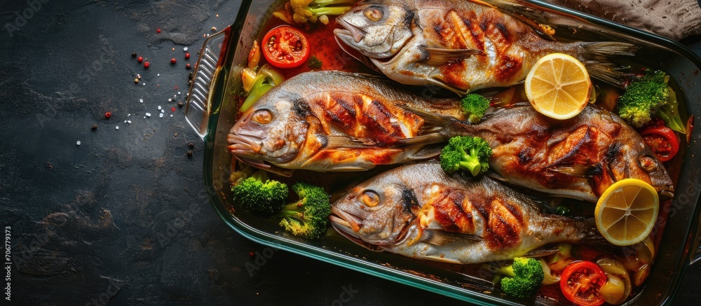Poster salmon baked roasted fish steaks slices grilled salmon trout fillet fish in marinade with broccoli i