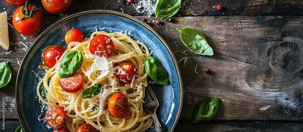 Poster the classic tagliatelli pasta with tomato sauce is served on a blue plate italian dish with tomatoes