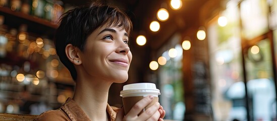 Portrait of happy woman enjoying cup of coffee holding mug with hot beverage drinking during work break in studio Brunette model with short hair having satisfied expression after testing the dr - obrazy, fototapety, plakaty
