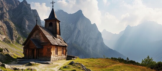 old chapel at the karwendel mountains in austria eng alm. with copy space image. Place for adding text or design - obrazy, fototapety, plakaty