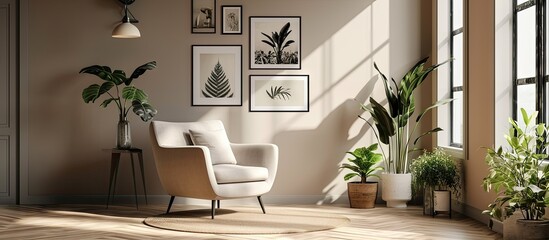 Trendy creme colored armchair in Scandinavian living room interior with gallery of posters on beige wall. with copy space image. Place for adding text or design