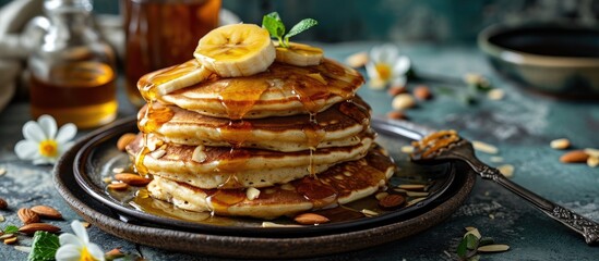 Plantain buttermilk pancakes Soft and fluffy buttermilk pancake made with a batter added with slices of ripe plantain Served with chopped almonds sliced plantain and a drizzle of honey