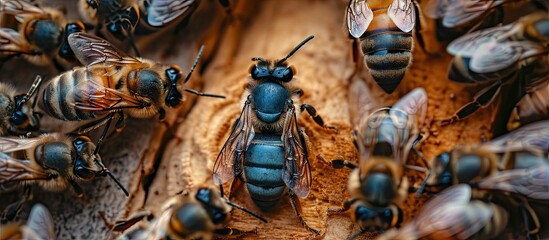 Queen bee in the center It s larger than other worker bees and it s marked by blue paint. with copy space image. Place for adding text or design