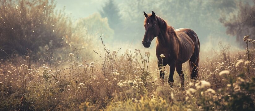 Photo manipulation of romantic scenery with brown horse. with copy space image. Place for adding text or design