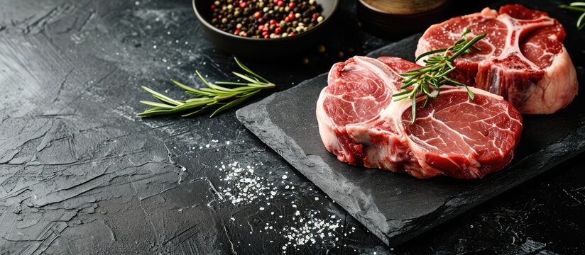 Raw organic meat beef or lamb on a black slate board Top view with copy space. with copy space image. Place for adding text or design