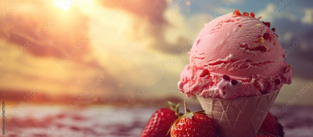 Aufkleber Strawberry ice cream floating balloon carrying a waffle cone on a wonderful adventure surrounded by favorite toppings. with copy space image. Place for adding text or design