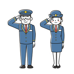制服を着て敬礼する女性駅員と男性駅員