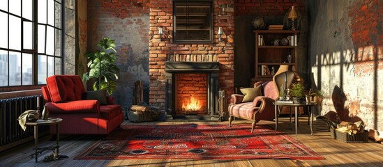 Rustic cozy living room with bricked fireplace couch armchair and old fashioned carpet. with copy space image. Place for adding text or design