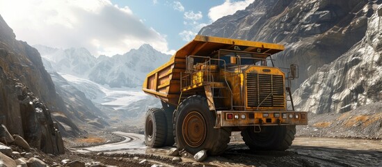 Quarry truck carries coal mined A mining truck is driving along a mountain road Road for the movement of heavy trucks. with copy space image. Place for adding text or design - obrazy, fototapety, plakaty