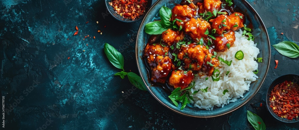 Poster Top view of spicy honey chicken tenders served with rice. with copy space image. Place for adding text or design