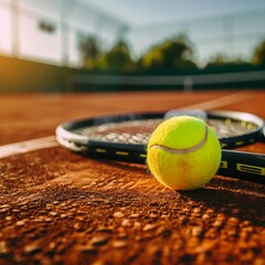 Close Up of Tennis Ball and Racket on Clay Court