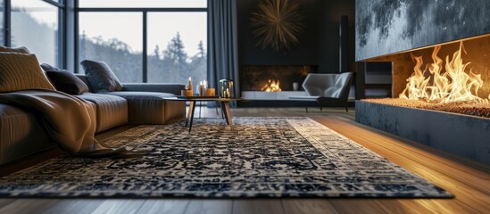 Stylish living room with a patterned carpet and a minimalistic fire place. with copy space image. Place for adding text or design
