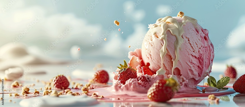 Fototapete Strawberry ice cream floating balloon carrying a waffle cone on a wonderful adventure surrounded by favorite toppings. with copy space image. Place for adding text or design