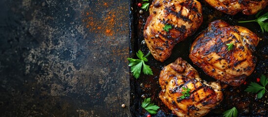 Roasted chicken meat pieces Grilled boneless skinless chicken thigh Top view. with copy space image. Place for adding text or design