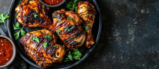 Spicy Grilled Caribbean Jerk Chicken drumsticks and thighs on a black platter on a concrete table with sauce in a bowl horizontal view from above flat lay empty space. with copy space image - Powered by Adobe