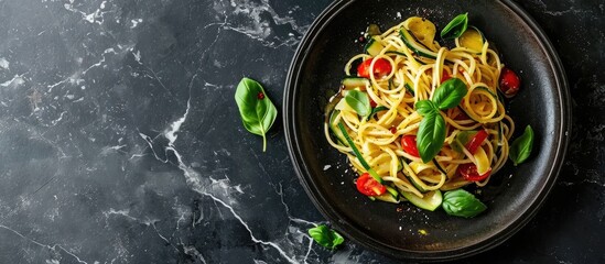 Pasta spaghetti with zucchini basil cream and cheese on black stone table Vegetarian vegetable pasta Zucchini noodles Top view. with copy space image. Place for adding text or design