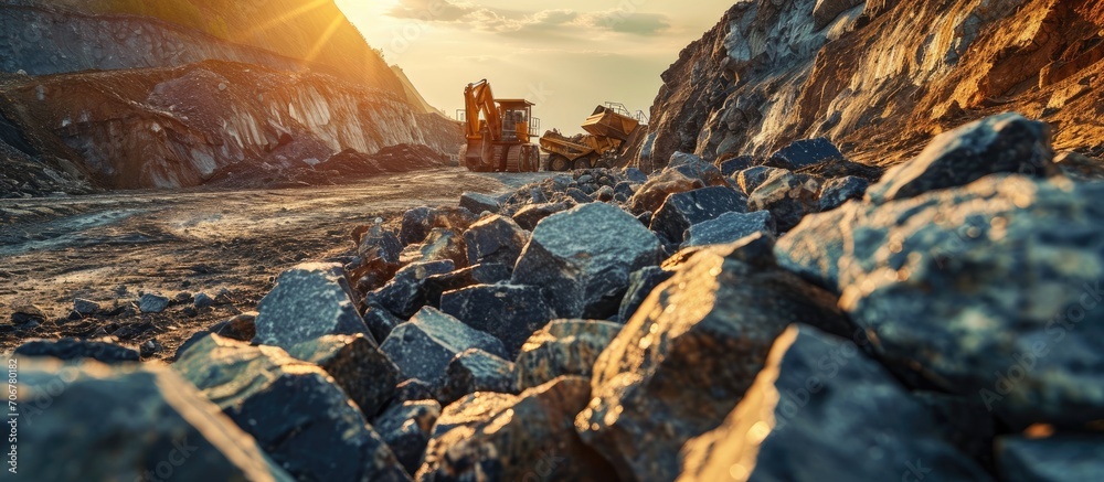 Poster Open pit mining quarry processes crushed type rock with gravel conveyance in work. with copy space image. Place for adding text or design