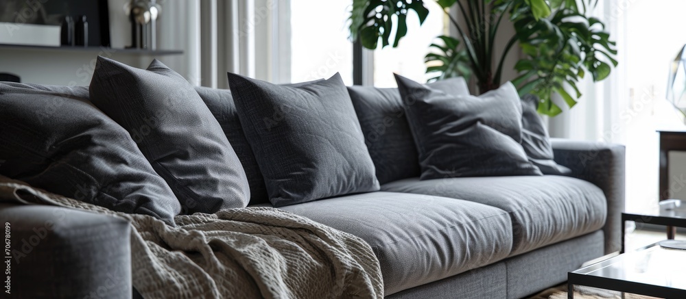 Poster Trendy knot light grey pillow on comfortable scandinavian couch. with copy space image. Place for adding text or design