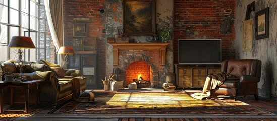 Rustic cozy living room with bricked fireplace couch armchair and old fashioned carpet. with copy space image. Place for adding text or design
