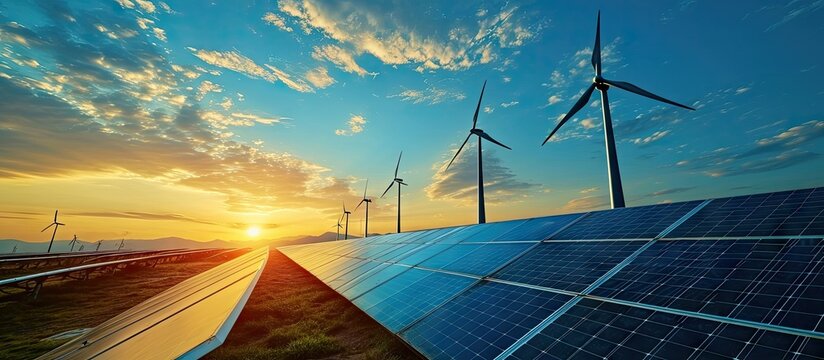 solar cell plant and wind generators under blue sky on sunset Powerplant with photovoltaic panels and eolic turbine clean energy and eco energy concept solar cell plant and wind generators unde