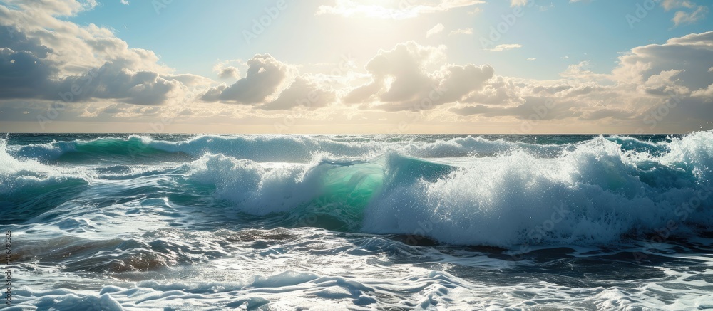 Poster ocean view seascape landscape Big surfing ocean wave splitted by waterline with slightly cloudy sky and the sun. with copy space image. Place for adding text or design