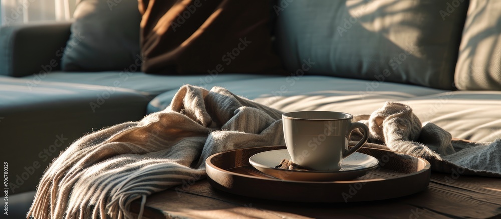 Poster tray with cup of coffee and soft chunky knit blanket on sofa indoors. with copy space image. place f