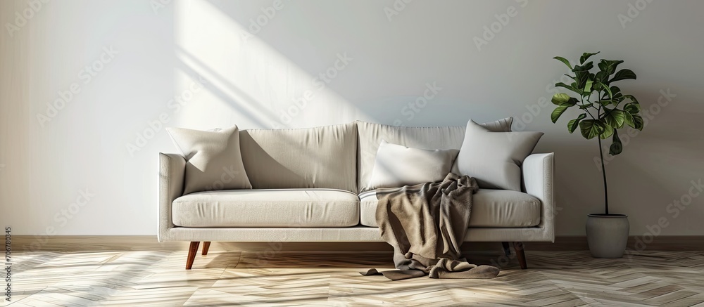 Poster pillow and blanket on elegant sofa in spacious living room with copy space wall. with copy space ima
