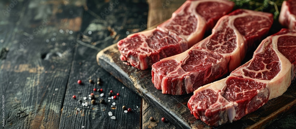 Poster Raw dry aged wagyu rib eye beef steaks offered as close up on a rustic black board with copy space. with copy space image. Place for adding text or design