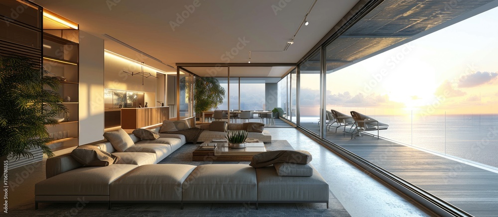 Poster spacious living room with balcony doors and large sofa. with copy space image. place for adding text
