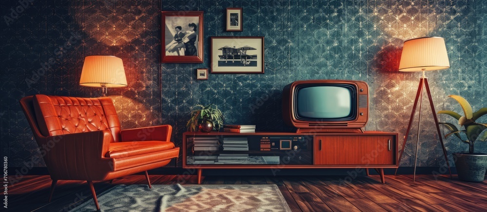 Poster Stylish retro room with sofa and vintage TV. with copy space image. Place for adding text or design