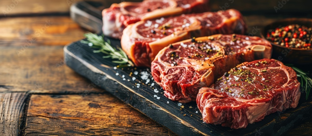 Poster Raw dry aged wagyu rib eye beef steaks offered as close up on a rustic black board with copy space. with copy space image. Place for adding text or design