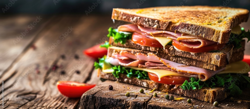 Poster Sandwich of whole wheat bread with ham cheese and fresh tomato triangle cut three layers sandwich bread. with copy space image. Place for adding text or design