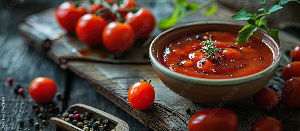 Poster tomato ketchup sauce in a bowl with spices herbs and cherry tomatoes selective focus. with copy spac