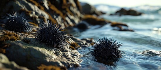 Sea urchins have hard and sharp feathers besides that most sea urchins are black and live attached...