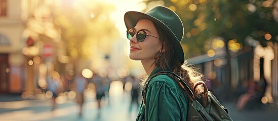 Photo of adorable charming girlfriend wear green outfit dark eyewear smiling walking sunny weather outdoors city street. with copy space image. Place for adding text or design - Powered by Adobe