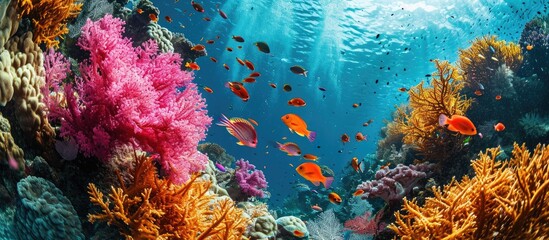 Pink and orange corals and school of swimming tropical fish Snorkeling on the colorful coral reef...