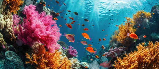 Fototapeten Pink and orange corals and school of swimming tropical fish Snorkeling on the colorful coral reef underwater photography Vivid healthy marine wildlife Ocean ecosystem. with copy space image © vxnaghiyev
