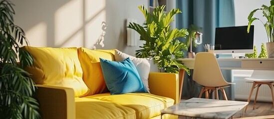 Plant on cabinet next to yellow sofa with blue pillow in spacious workspace with white chair at desk. with copy space image. Place for adding text or design
