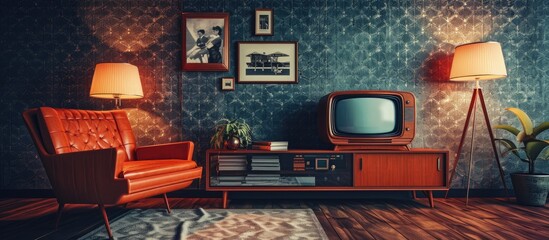 Stylish retro room with sofa and vintage TV. with copy space image. Place for adding text or design