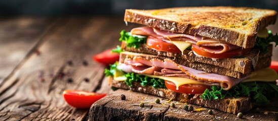 Sandwich of whole wheat bread with ham cheese and fresh tomato triangle cut three layers sandwich bread. with copy space image. Place for adding text or design - obrazy, fototapety, plakaty