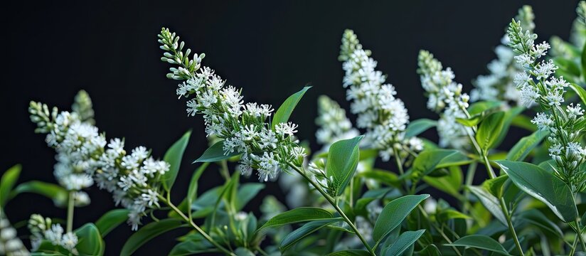 The gooseneck loosestrife Lysimachia clethroides flowering with tiny flowers grouped in terminal spikes each flower is snow white with five petals. with copy space image