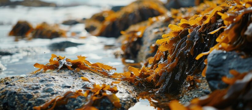 Rockweed seaweed or bladderwrack fucus vesiculosus on rocks at Trefor beach on the North Wales coast. with copy space image. Place for adding text or design
