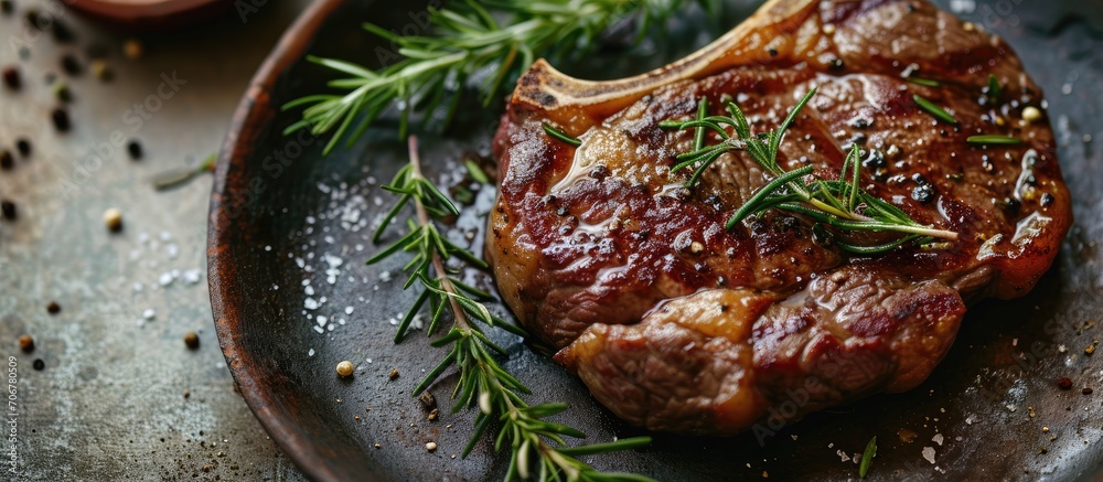 Poster traditional beef florentine steak bistecca alla fiorentina on a plate high angle view ready to eat. 