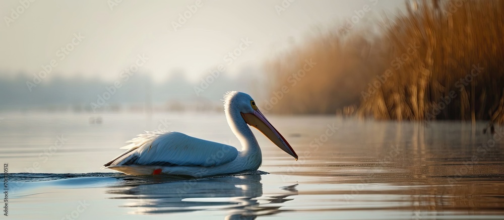 Poster nature in romania danube a graceful white pelican gliding on the tranquil waters of a nature reserve