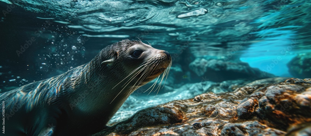Aufkleber Seal phoca swims underwater Underwater seal. with copy space image. Place for adding text or design