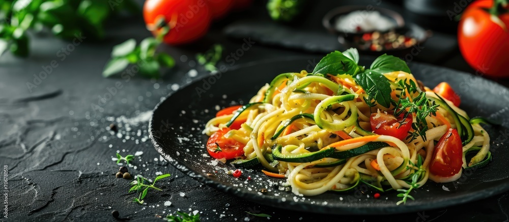 Poster pasta spaghetti with zucchini basil cream and cheese on black stone table vegetarian vegetable pasta