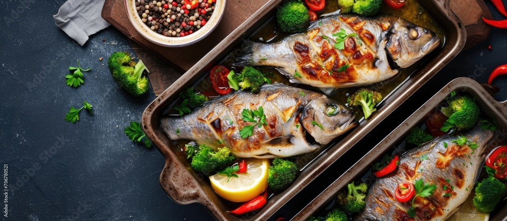 Poster salmon baked roasted fish steaks slices grilled salmon trout fillet fish in marinade with broccoli i